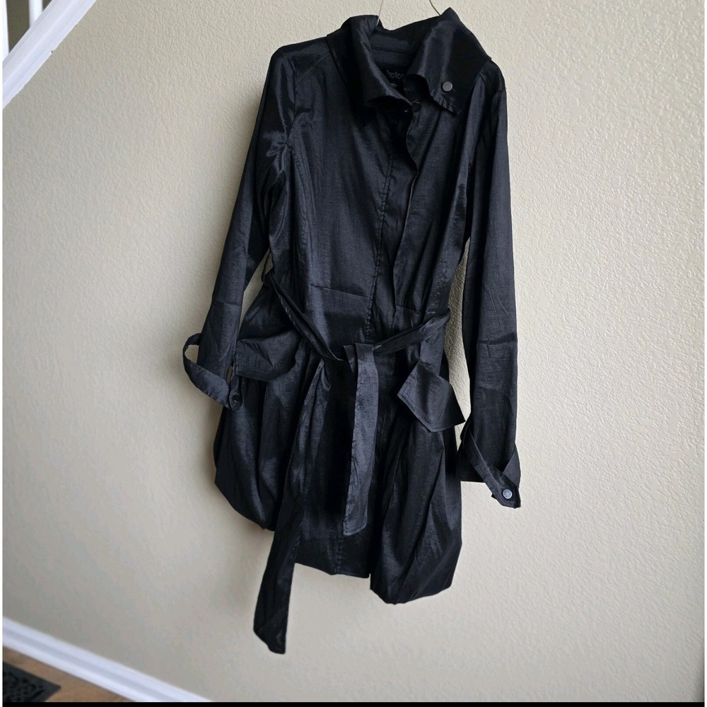 Papillon Black Shimmer Bubble Hem Trench Coat Jacket Small Full Zip Belted